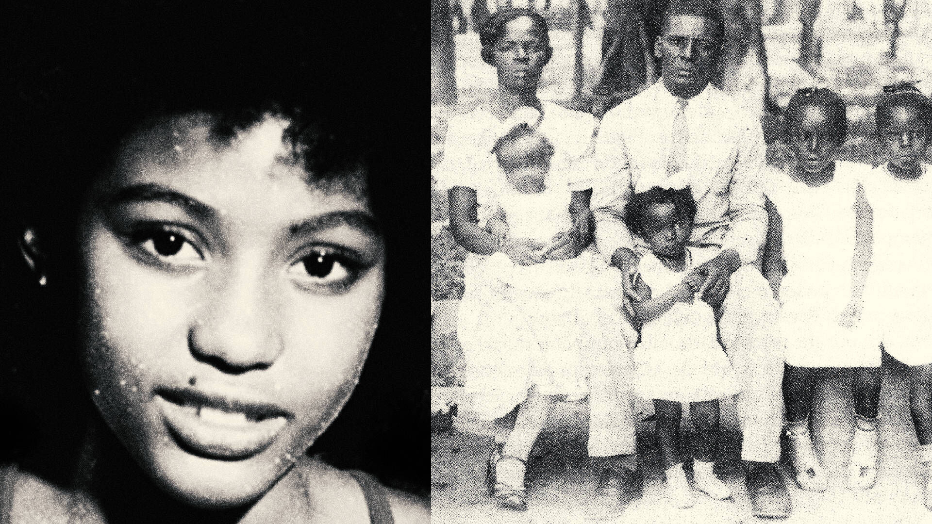 Díptico: retrato da jovem Elza e foto de família em retícula de jornal
