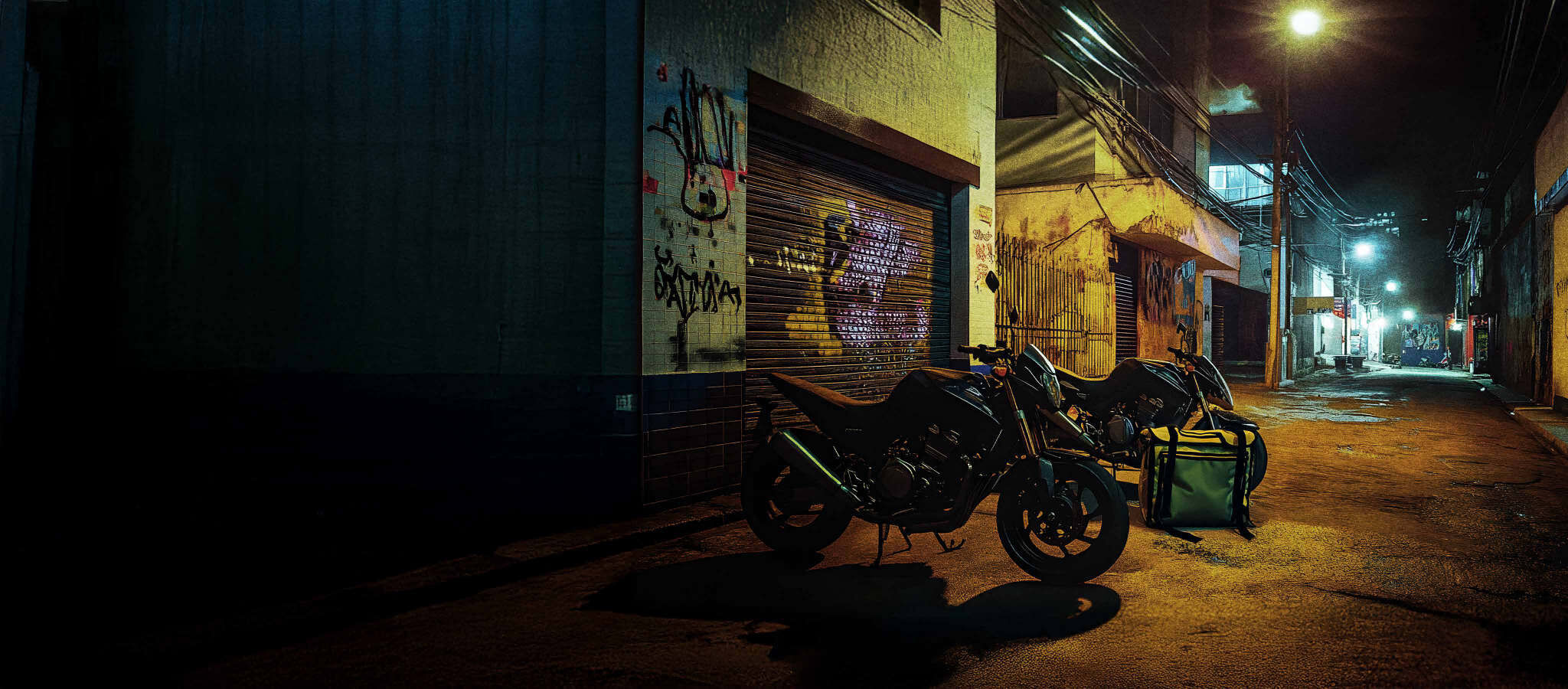Viela de São Paulo à noite, com motos estacionadas e uma bag de entrega