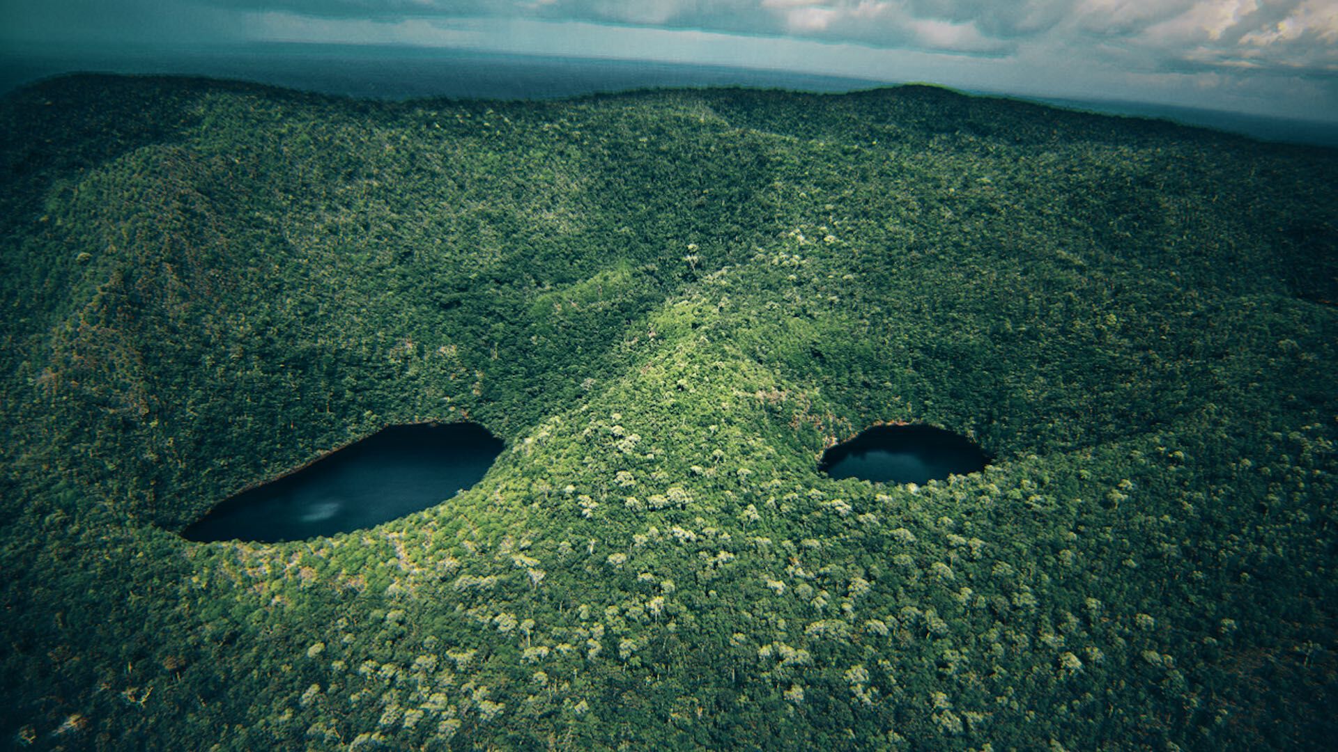 Sobrevoo da floresta amazônica. Dois lagos escuros no dossel parecem olhos