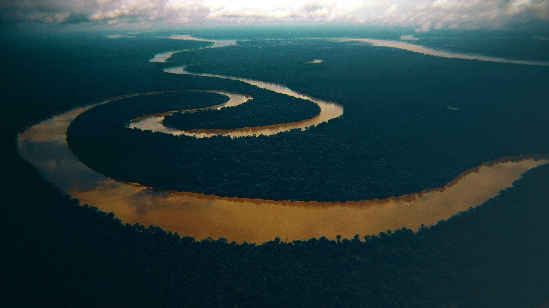 Rio em meandro visto do alto, cortando a floresta