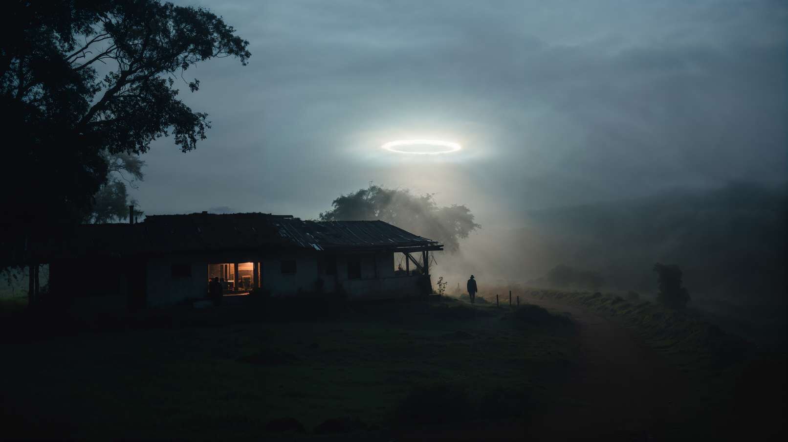 Casa de fazenda na névoa sob um halo luminoso no céu